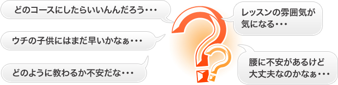 どのコースにしたらいいんだろう・・・レッスンの雰囲気が気になる・・・ウチの子供にはまだ早いかなぁ・・・腰に不安があるけど大丈夫かなぁ・・・どのように教わるか不安だな・・・